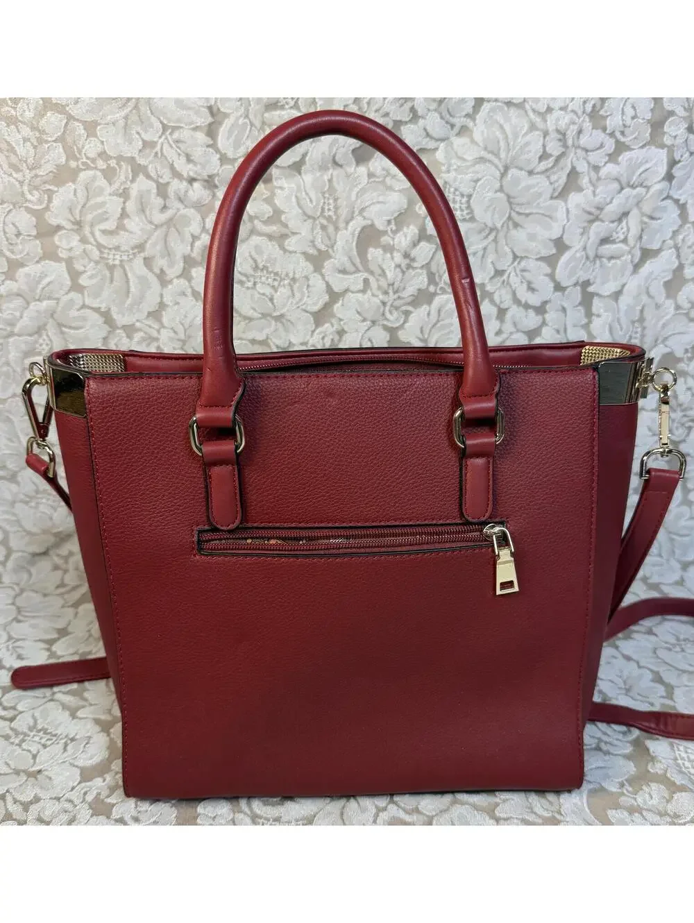 PURSE Red Faux Leather Tote Bag with Gold Accents